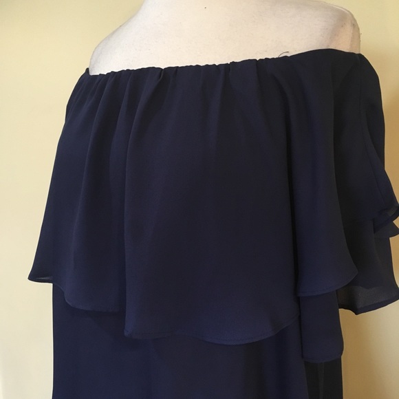 Off Shoulder Ruffled Overlay Tunic Blouse Navy - Picture 6 of 7